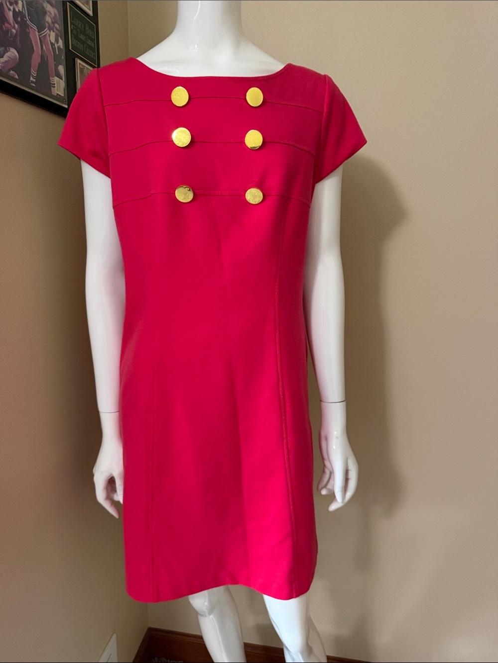 Ellen Tracy Hot Pink Short Sleeve Shift Dress with Gold Buttons
